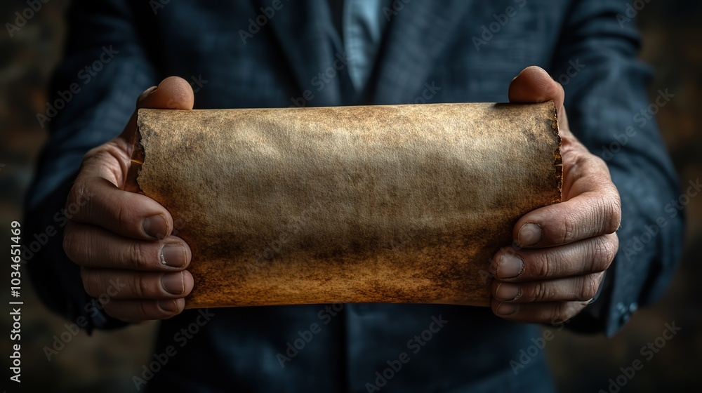 Aufkleber businessman in suit holds an ancient paper scroll offering blank space for custom text the image com