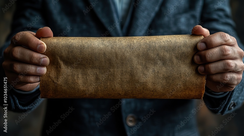 Aufkleber businessman in suit holds an ancient paper scroll offering blank space for custom text the image com