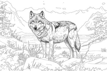 Coloring book illustration of a majestic wolf in a snowy landscape