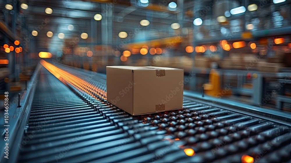 Poster cardboard box on conveyor belt in an automated warehouse representing micro fulfillment and efficien