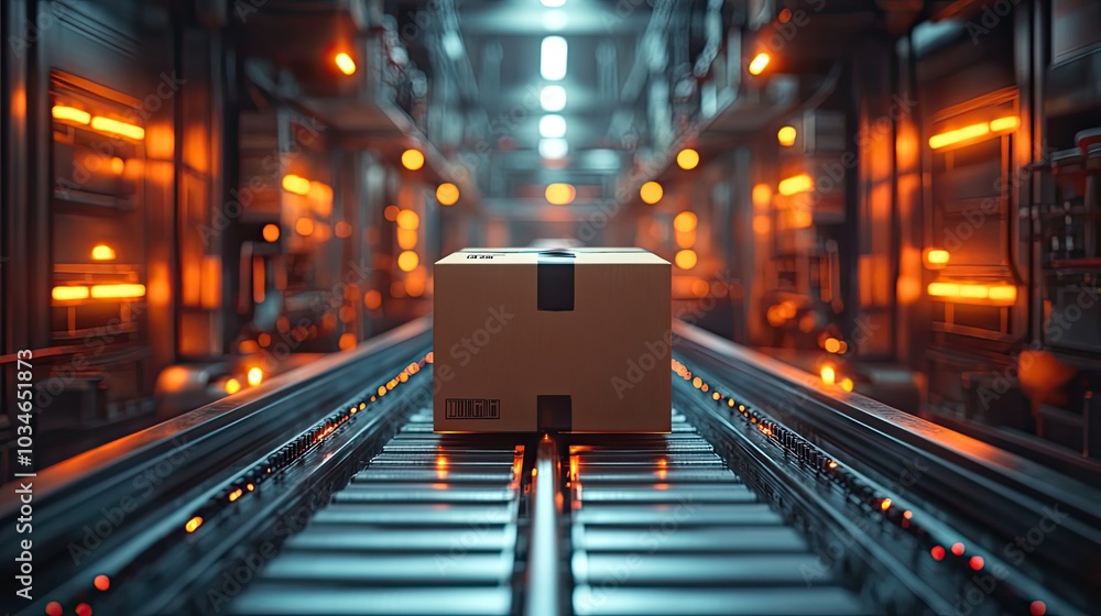 Poster cardboard box on conveyor belt in an automated warehouse representing micro fulfillment and efficien