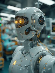 Fototapeta premium A futuristic robot with glowing eyes, set in a medical environment.