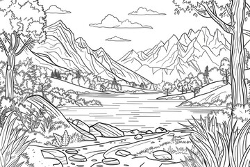 Coloring book illustration of athletic activities against a scenic mountain backdrop
