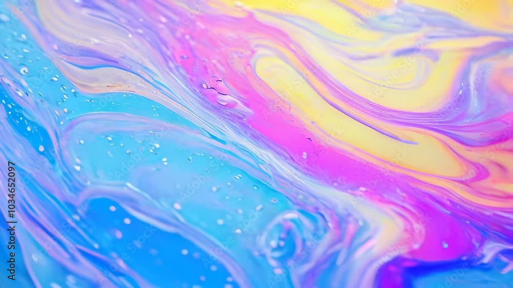 Poster colorful pastel liquid abstract patterns with soft waves and water droplets, creating a vibrant, flo