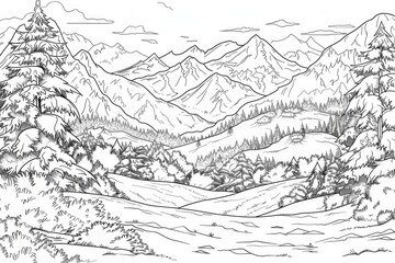 Coloring book illustration of a snowy mountain valley with winter landscapes and hiking scenes