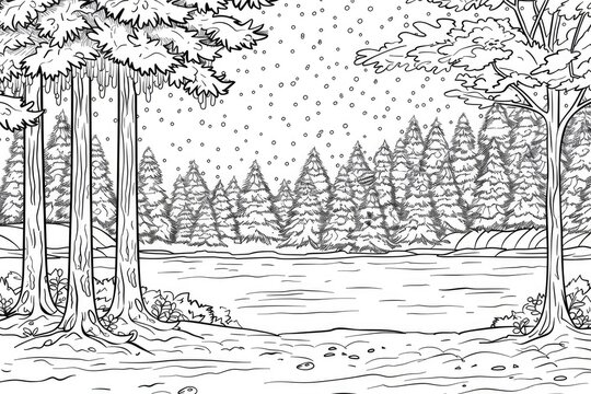 Coloring book illustration of a winter landscape with snowfall in a serene forest setting