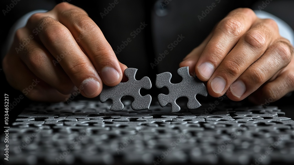 Poster close up of businessmans hands assembling jigsaw puzzle pieces symbolizing an environmental strategy