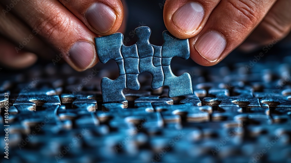 Poster close up of businessmans hands assembling jigsaw puzzle pieces symbolizing an environmental strategy