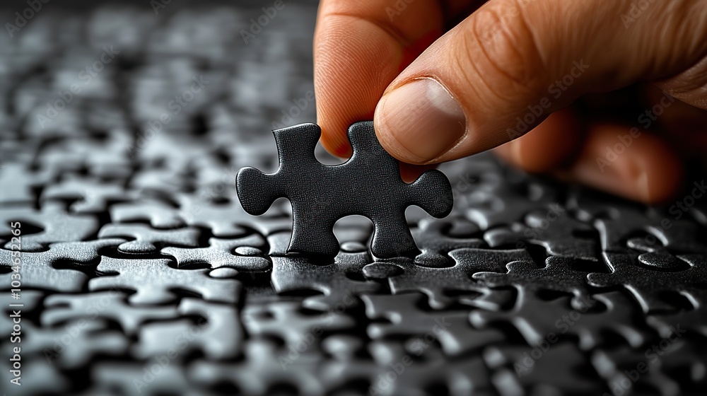 Poster close up of businessmans hands assembling jigsaw puzzle pieces symbolizing an environmental strategy