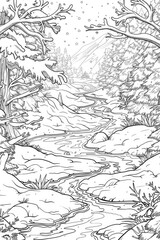 Obraz premium Coloring book illustration of a snow covered river landscape surrounded by winter scenery