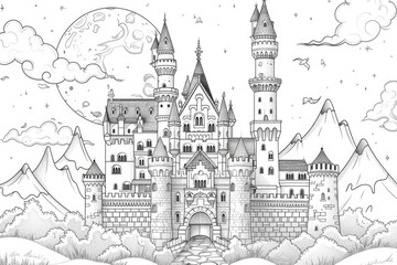Obraz premium Coloring book illustration of an enchanting medieval castle under a full moon