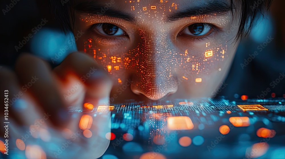 Poster close up of person using biometric authentication on smartphone highlighting the advanced security f