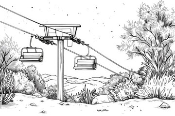 Coloring book illustration of a scenic ski chair lift in a tranquil setting
