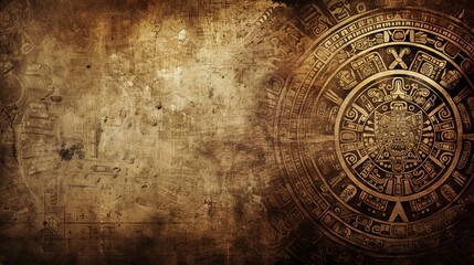 Naklejka premium Intricate Mayan calendar on a weathered, aged stone background.