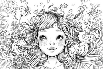 Coloring book illustration of a young beautiful cheerful girl with a dreamy expression surrounded by a whimsical backdrop