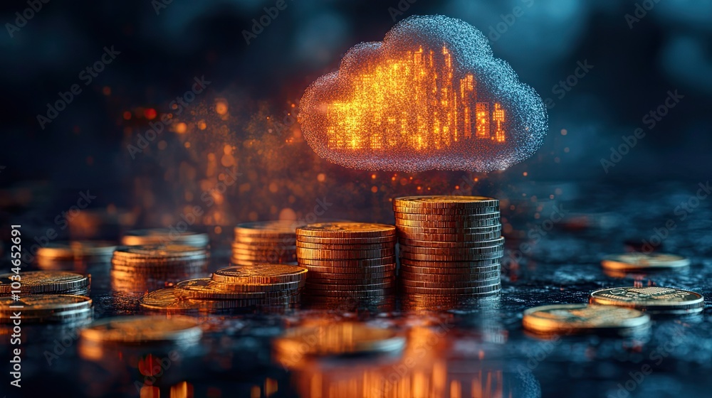 Poster cloud hovering over stack of coins symbolizing rising cloud costs.image