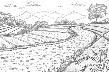 Obraz premium Coloring book illustration of a rice field after harvest