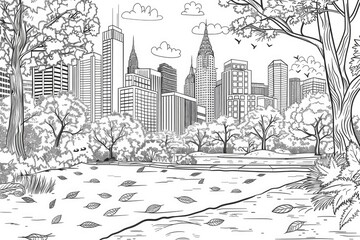 Fototapeta premium Coloring book illustration of a seasonal cityscape in autumn with vibrant fall foliage in a park setting showcasing the beauty of nature and the charm of the autumn landscape