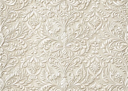 Fototapeta Detailed luxury white paper texture featuring delicate floral motifs and ornamental elements in a seamless pattern.