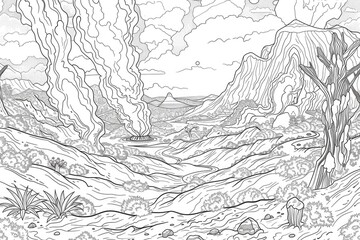 Naklejka premium Coloring book illustration of a scenic valley featuring hot steam vents and natural landscapes