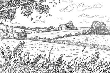 Coloring book illustration of an Autumn countryside field