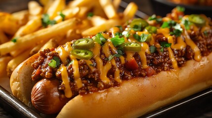 Organic beef chili dogs topped with cheddar cheese and jalapenos, served on a tray with fries, organic beef chili dogs, comfort food