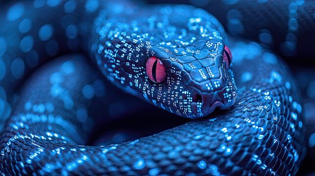 coiled snake with digital code overlay symbolizing python programming and libraries.image