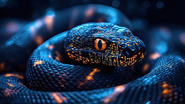 coiled snake with digital code overlay symbolizing python programming and libraries.illustration