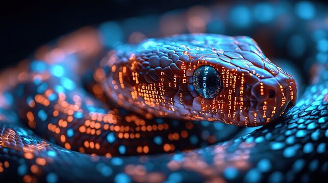 coiled snake with digital code overlay symbolizing python programming and libraries.stock image