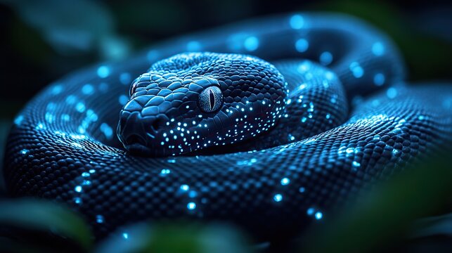 coiled snake with digital code overlay symbolizing python programming and libraries