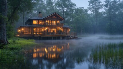 Fototapeta premium Elegant Glamping House on Pillars Above Serene Water