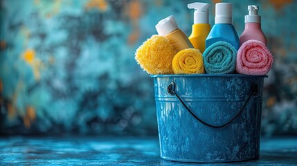 collection of various cleaning products in blue bucket symbolizing cleanliness and household chores.stock image