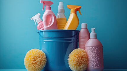 collection of various cleaning products in blue bucket symbolizing cleanliness and household chores.image