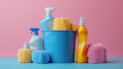 collection of various cleaning products in blue bucket symbolizing cleanliness and household chores