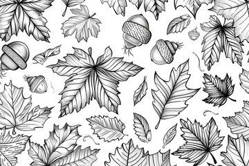 Fototapeta premium Coloring book illustration of an autumn scene featuring a collection of vibrant leaves and acorns Hand drawn design
