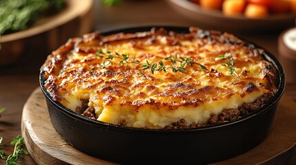 Organic beef shepherds pie with a golden mashed potato crust, served in a rustic cast iron dish, organic beef shepherd s pie, hearty and traditional