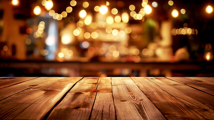 A close-up shot of a wooden table top in focus with a blurred background of warm, bokeh lights in a cafe setting.