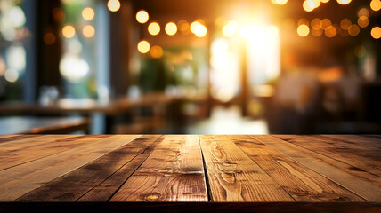 A close-up shot of a wooden table top in focus with a blurred background of warm, bokeh lights in a cafe setting.