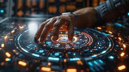 A hand interacts with a futuristic digital interface featuring glowing elements.