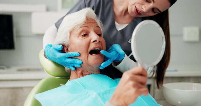 Elderly, woman and dentist hands for checkup of dental cleaning, teeth whitening and hygiene results. Mouth, patient and veneer implant, cosmetic dentures and inspection of oral orthodontics