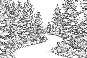 Fototapeta premium Coloring book illustration of a winding road flanked by trees in autumn Scenic landscape featuring coniferous trees with vibrant yellow and orange foliage along a tranquil pathway
