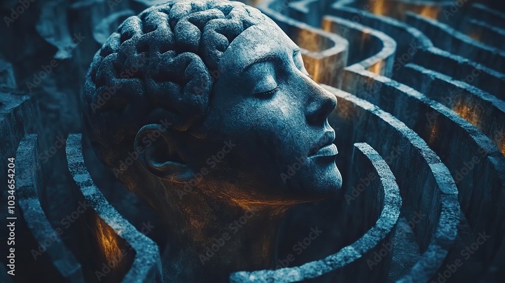 Poster conceptual image of human head with brain and maze symbolizing mental challenges and psychological i