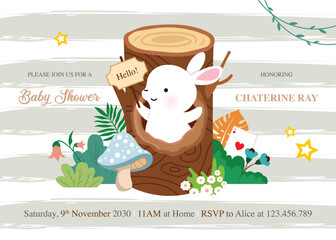 baby shower invitation with cute bunny in stripes background