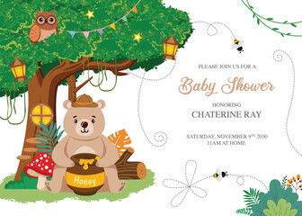 Baby shower invitation with a cute bear and tree