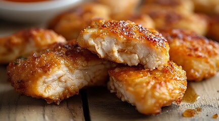 Crispy Golden Fried Chicken Nuggets on Wood