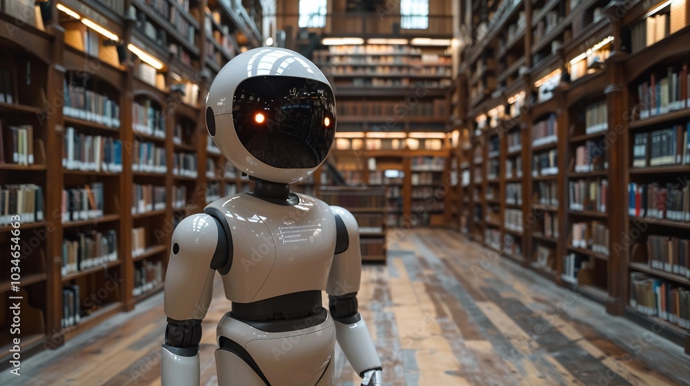 Aufkleber a humanoid robot stands in a library filled with books, suggesting a blend of technology and learnin
