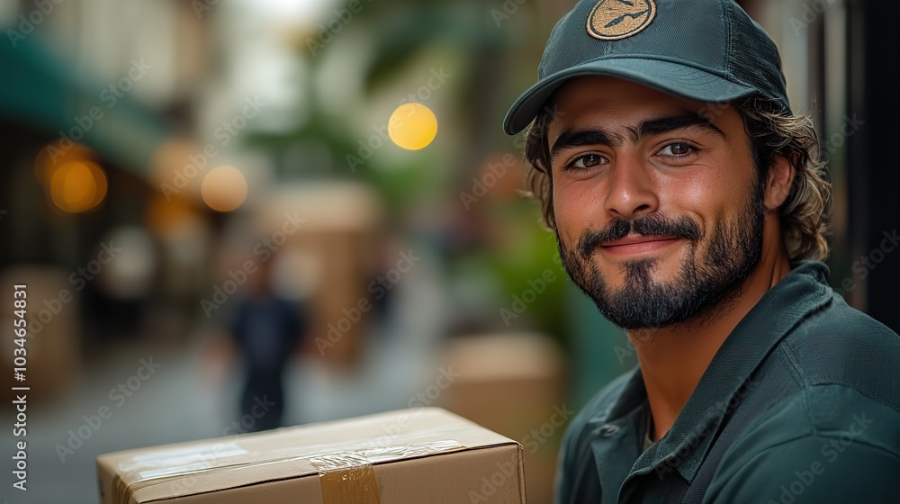 Poster courier holding package representing efficient delivery service and real time order tracking perfect