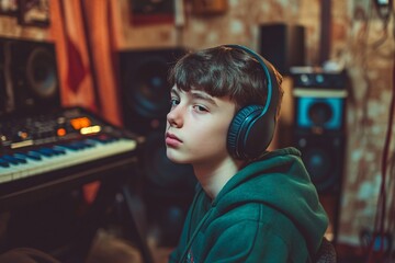 Fototapeta premium A young boy wears headphones in a music studio, surrounded by instruments and equipment, focused on his sound experience.