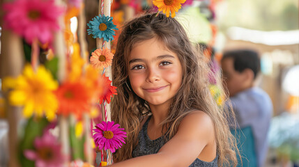 Children decorating a sukkah with colorful paper chains and flowers, enjoying the holiday traditions in a bright and cheerful setting