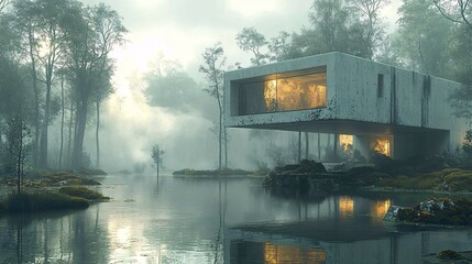 Modern Concrete House in Serene Landscape